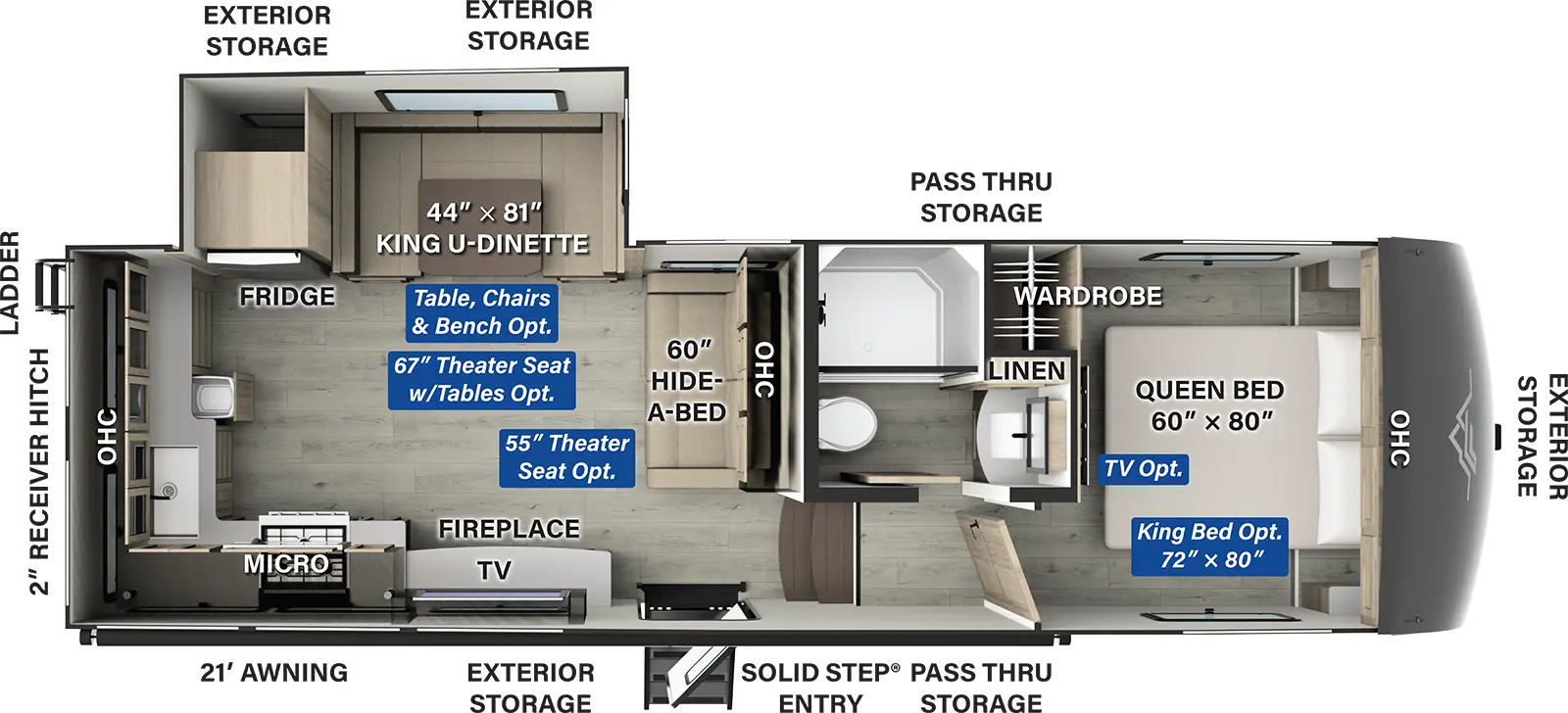 The Flagstaff Classic Fifth Wheels F301RKS has one entry and one slide out. Exterior features include: fiberglass exterior and 21' awning. Interiors features include: rear kitchen, u-dinette and front bedroom.